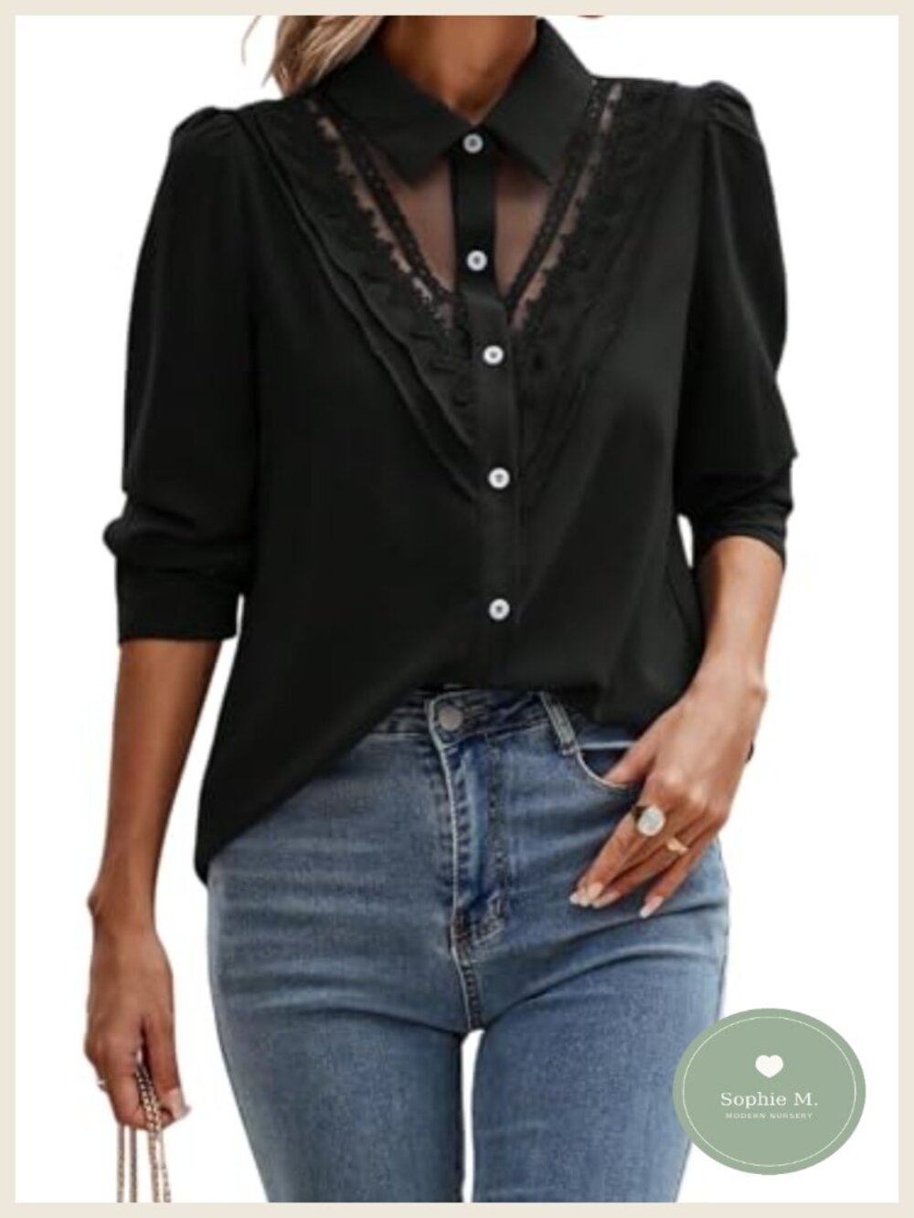 Lace Sheer Button Down Puff Sleeve Blouse Women Long Sleeve Collared Elegant